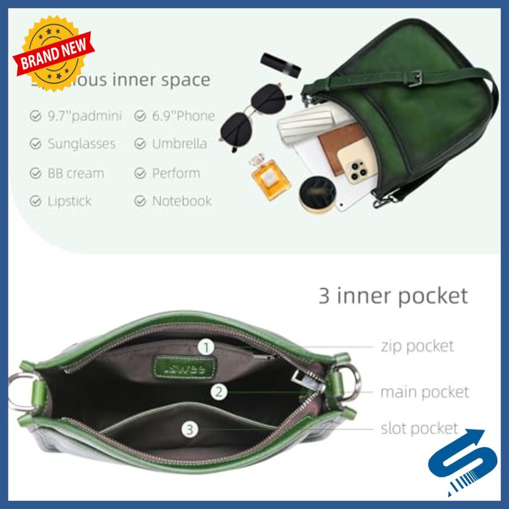 Genuine Leather Crossbody Bag with Boho Strap, Multiple Pockets, Adjustable - Picture 5 of 7